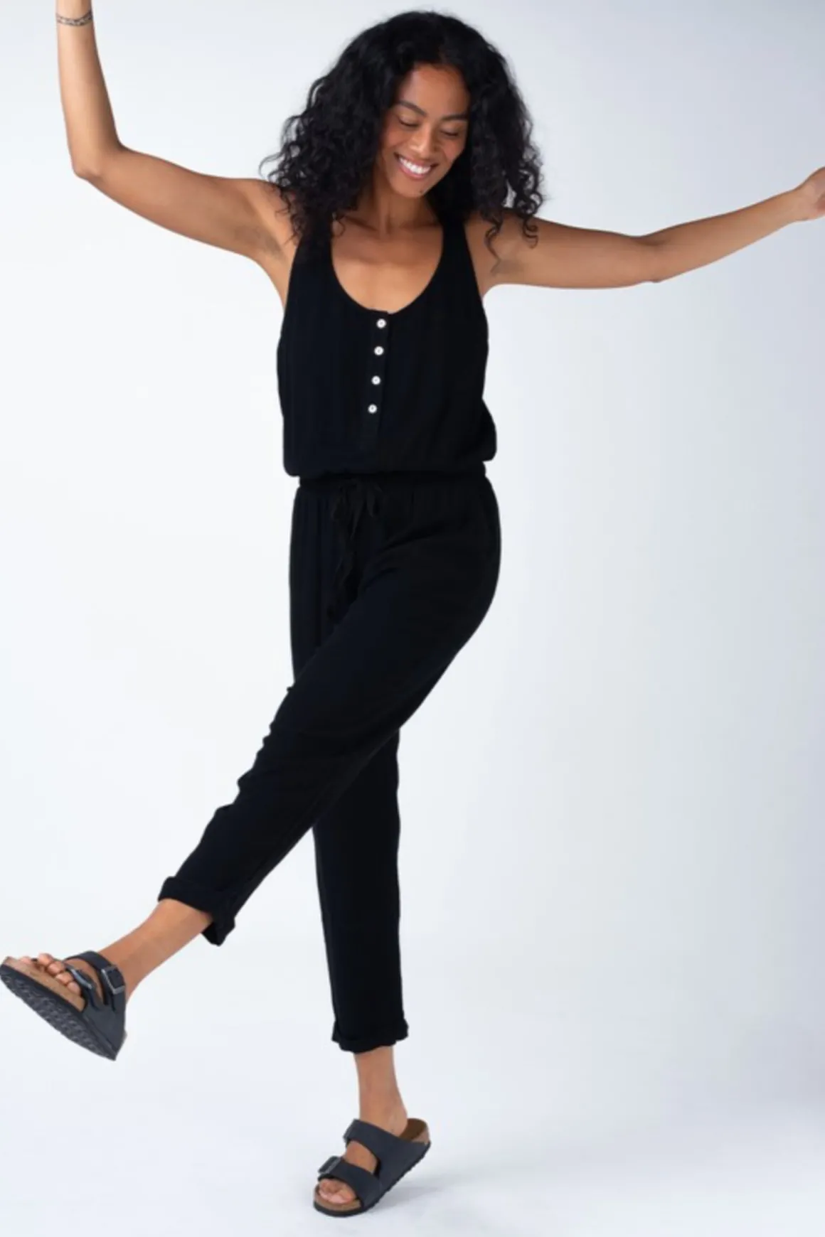 Abigail Sleeveless Racerback Drawstring Waist Linen Jumpsuit Black