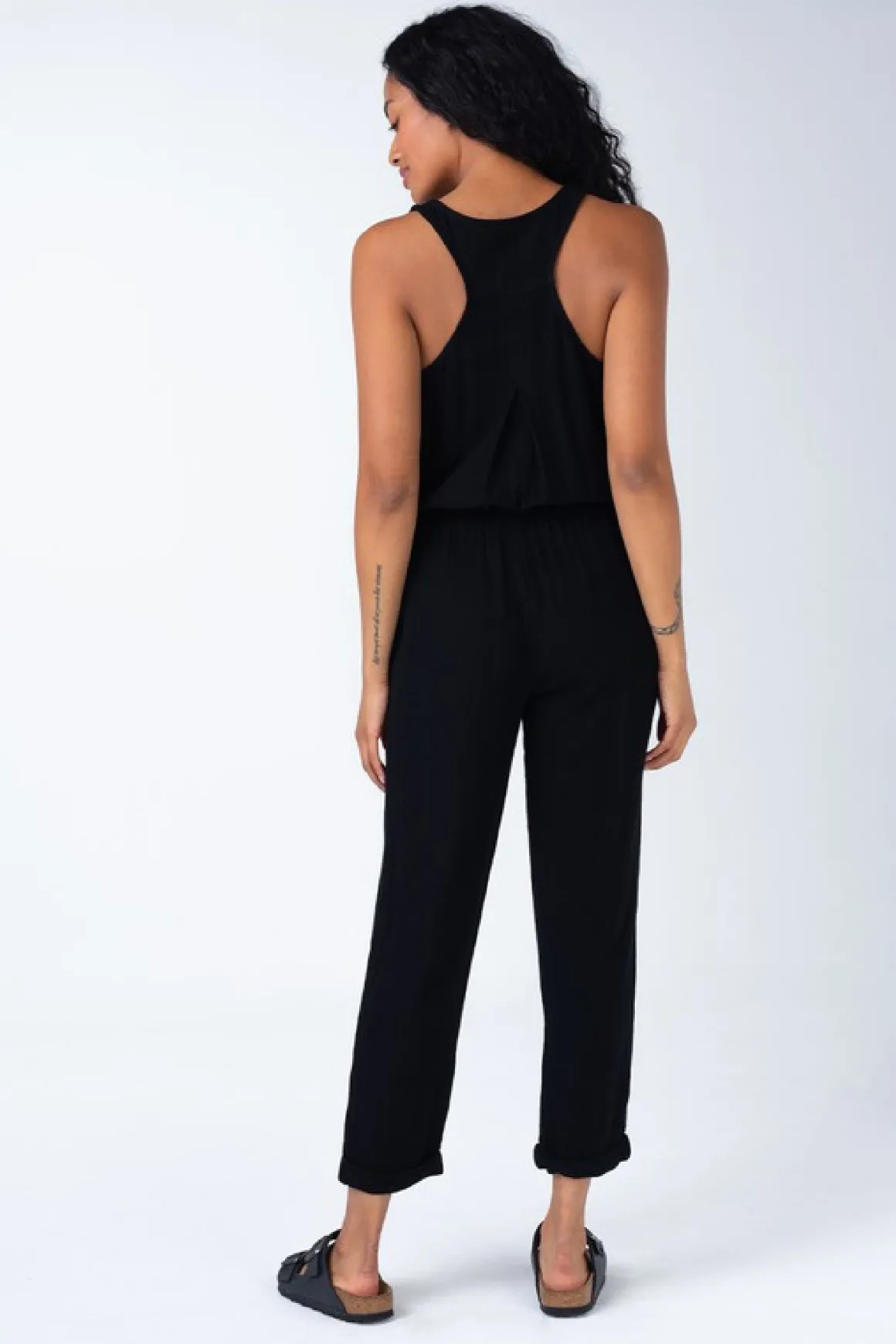 Abigail Sleeveless Racerback Drawstring Waist Linen Jumpsuit Black