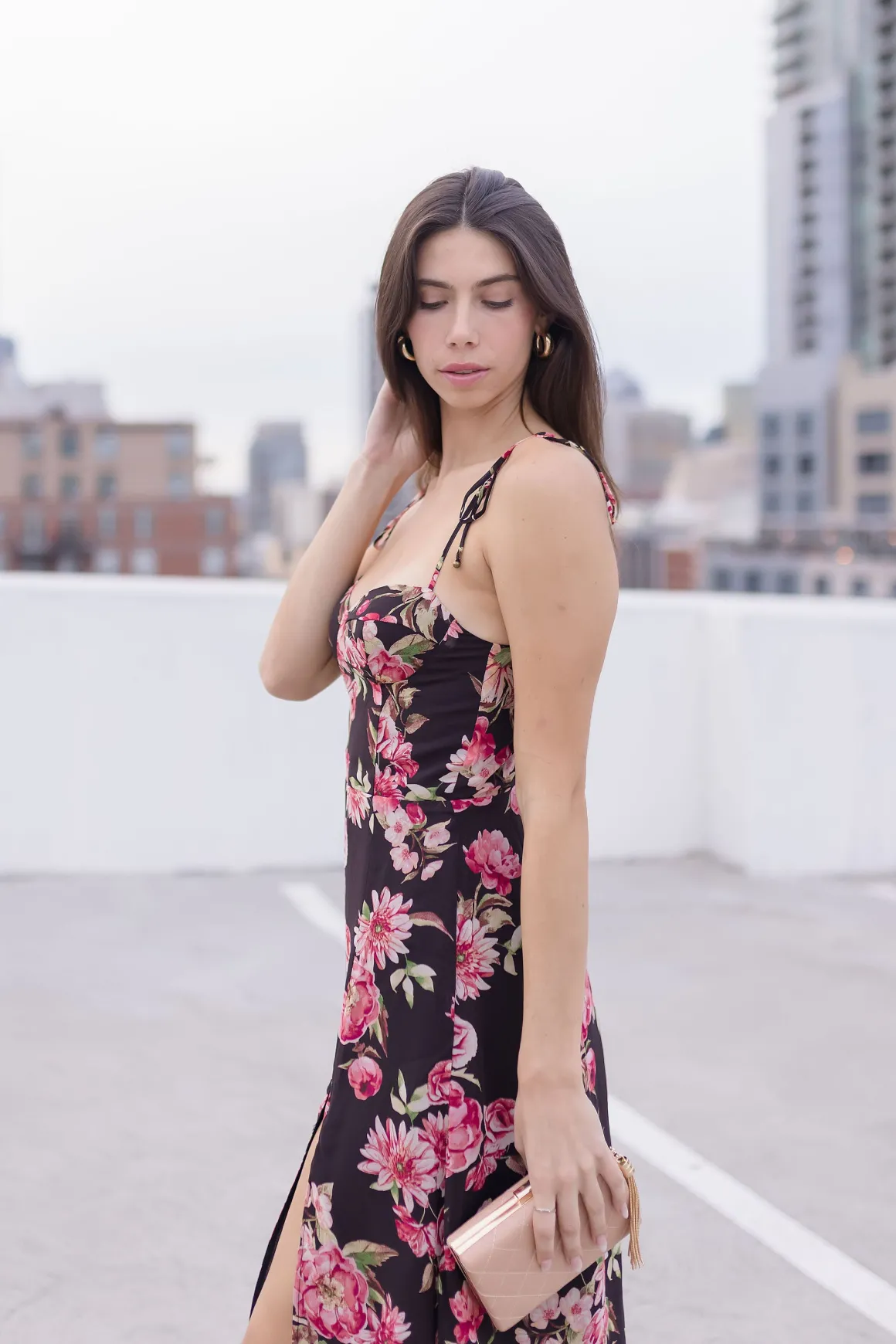 Aesha Sleeveless Shoulder Tie Floral Print Midi Dress Pink