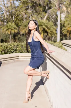 Alexandra Sleeveless Contrast Seam Denim Mini Dress Dark Wash