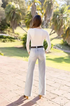 Alina Long Sleeve V Neck Double Layer Bodysuit White