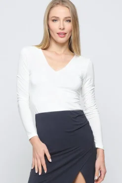 Alina Long Sleeve V Neck Double Layer Bodysuit White