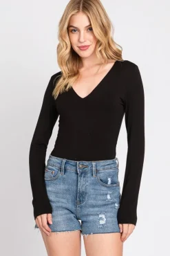 Alina Long Sleeve V Neck Double Layer Bodysuit Black