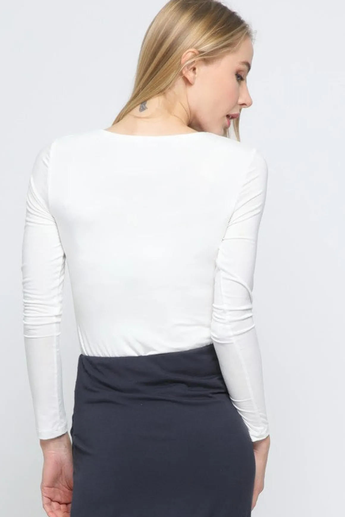 Alina Long Sleeve V Neck Double Layer Bodysuit White