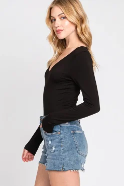 Alina Long Sleeve V Neck Double Layer Bodysuit Black