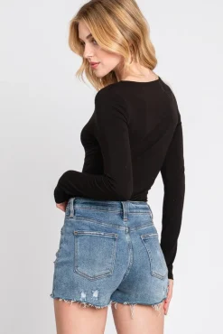 Alina Long Sleeve V Neck Double Layer Bodysuit Black