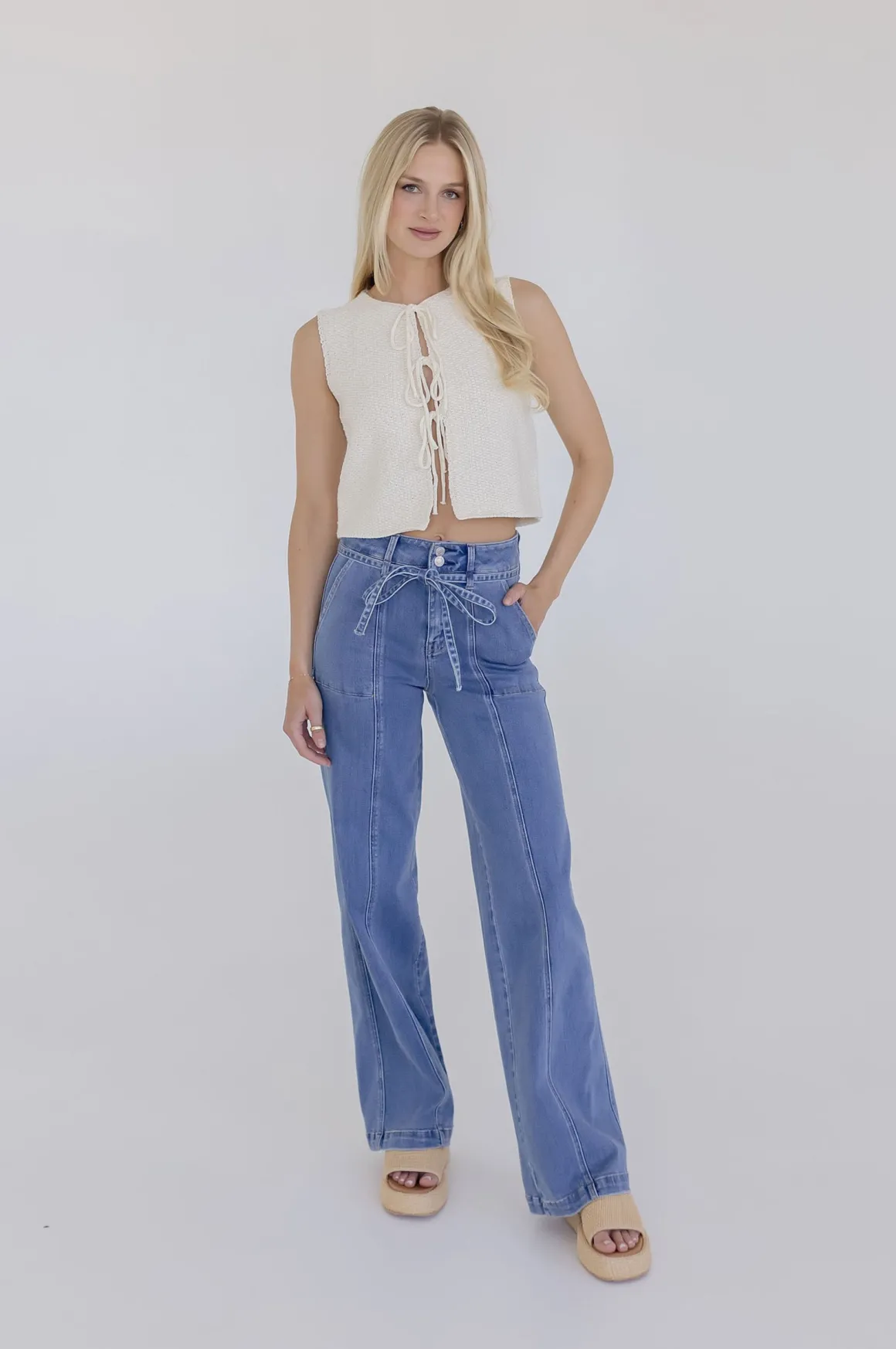 Allison Sleeveless Front Tie Sweater Top Cream