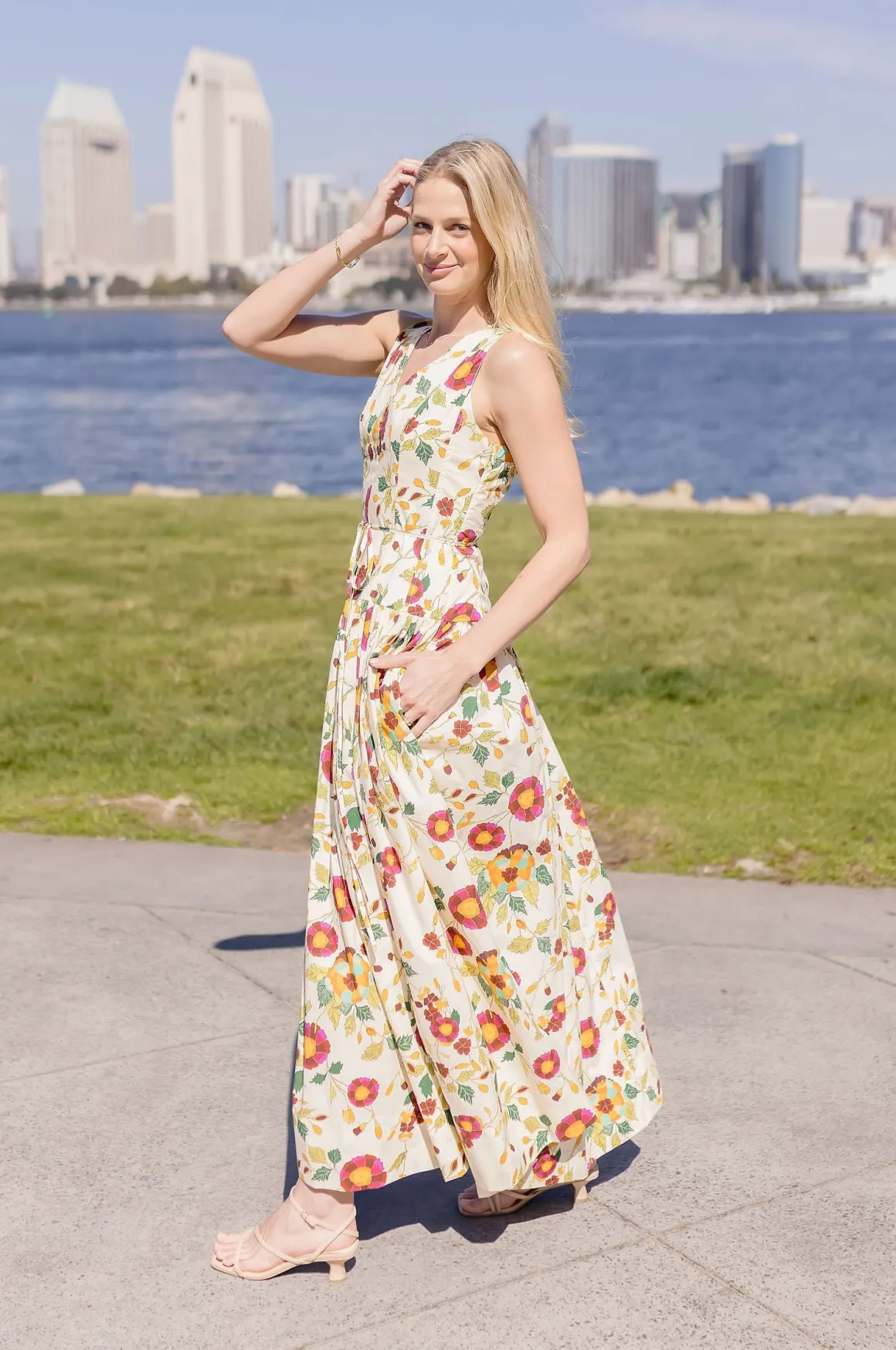 Alma Sleeveless Waist Tie Floral Print Maxi Dress Ivory