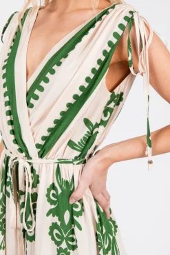 Alyssa Sleeveless Damask Print Waist Tie Maxi Dress Green