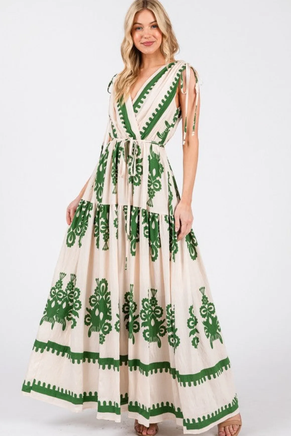 Alyssa Sleeveless Damask Print Waist Tie Maxi Dress Green