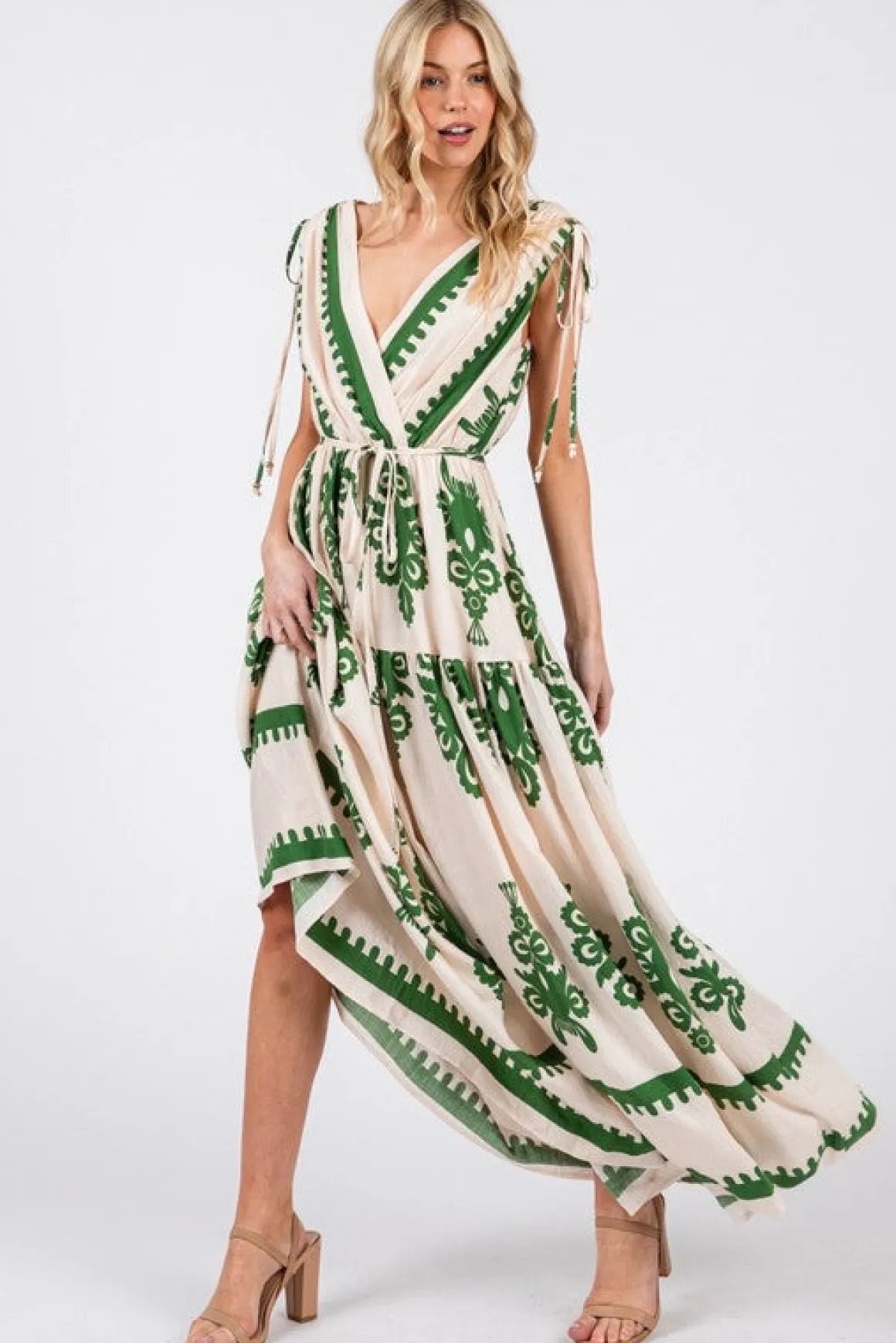 Alyssa Sleeveless Damask Print Waist Tie Maxi Dress Green