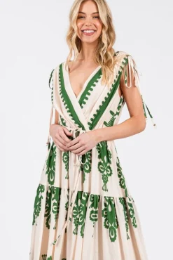 Alyssa Sleeveless Damask Print Waist Tie Maxi Dress Green