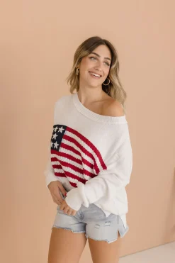 American Flag Print Sweater Top White