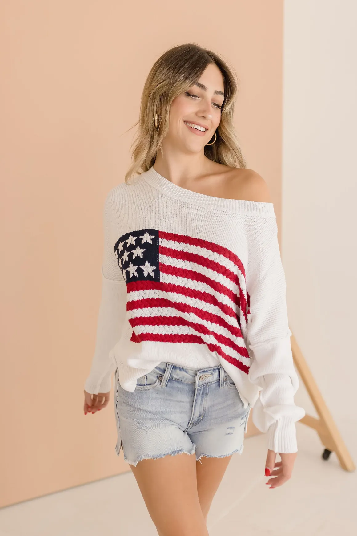 American Flag Print Sweater Top White