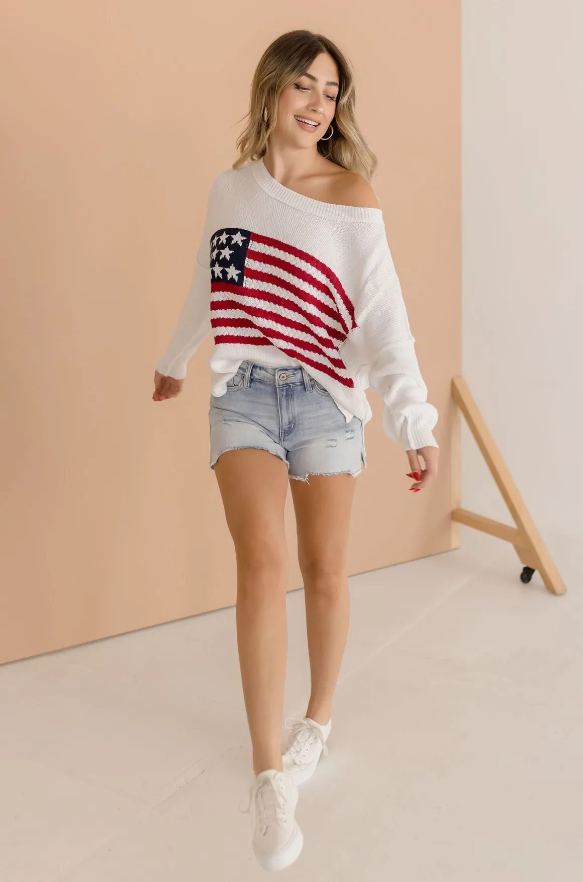 American Flag Print Sweater Top White