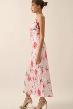 Anastasia Sleeveless Floral Print Satin Slip Midi Dress Pink