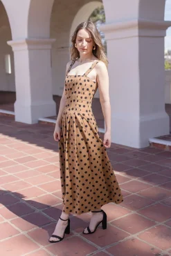 Angelina Sleeveless Polka Dot Print Maxi Dress Taupe