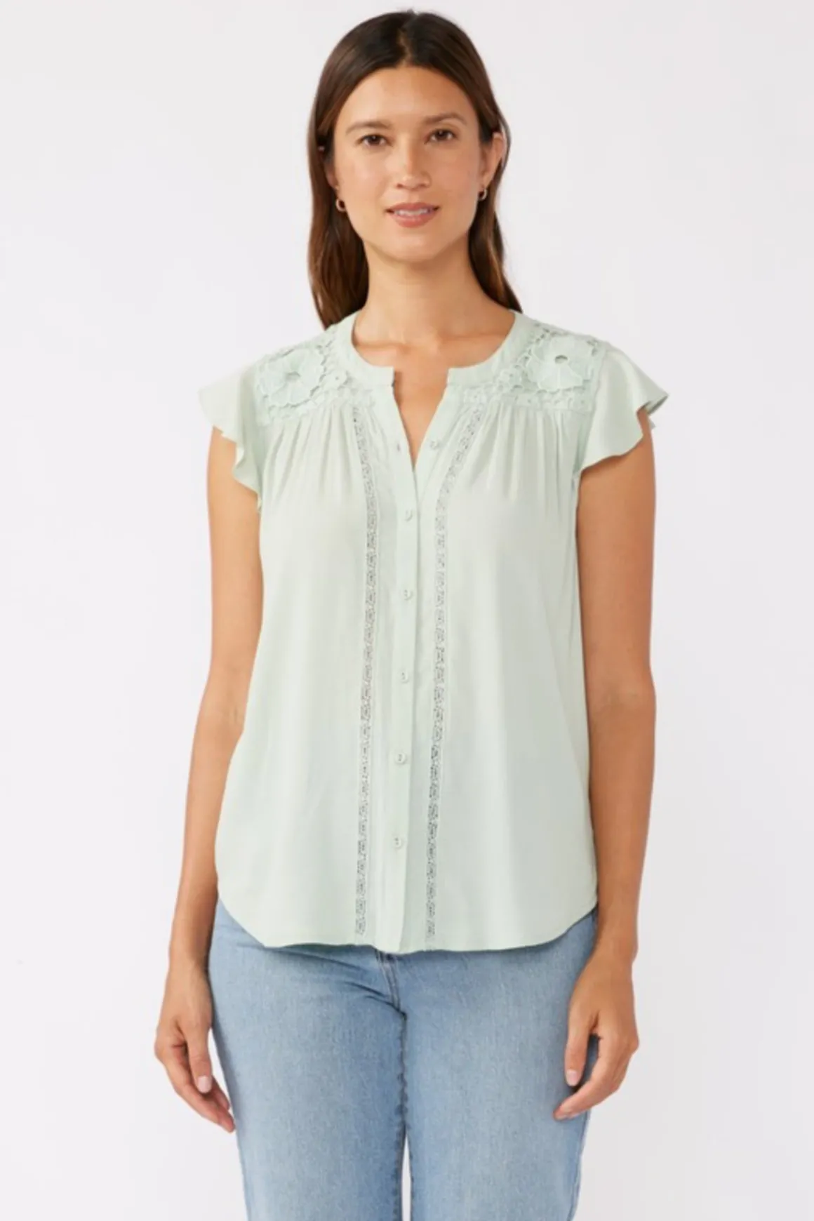 Angie Short Flutter Sleeve Button Down Embroidered Top Mint