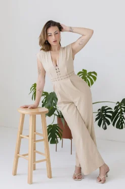 Asher Short Sleeve Lace Crochet Linen Wide Leg Jumpsuit Beige