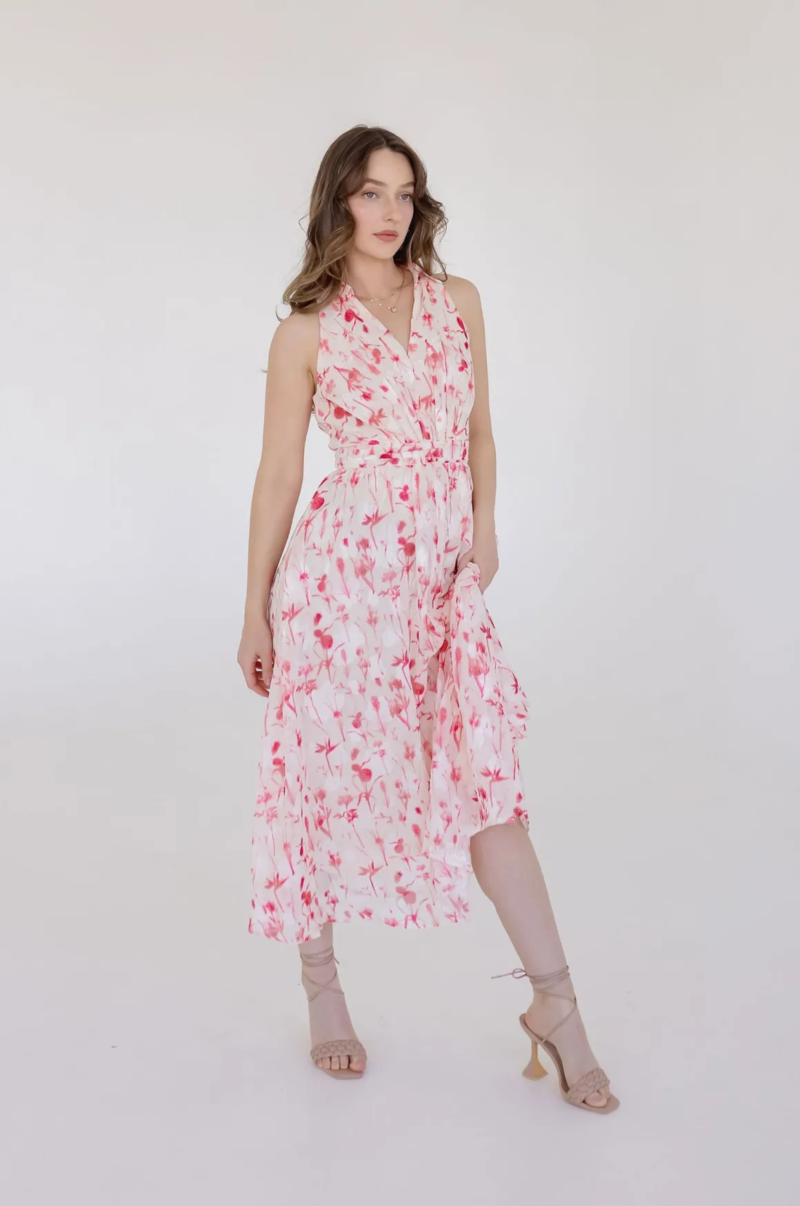 Ashley Sleeveless Collared Floral Print Midi Dress Blush