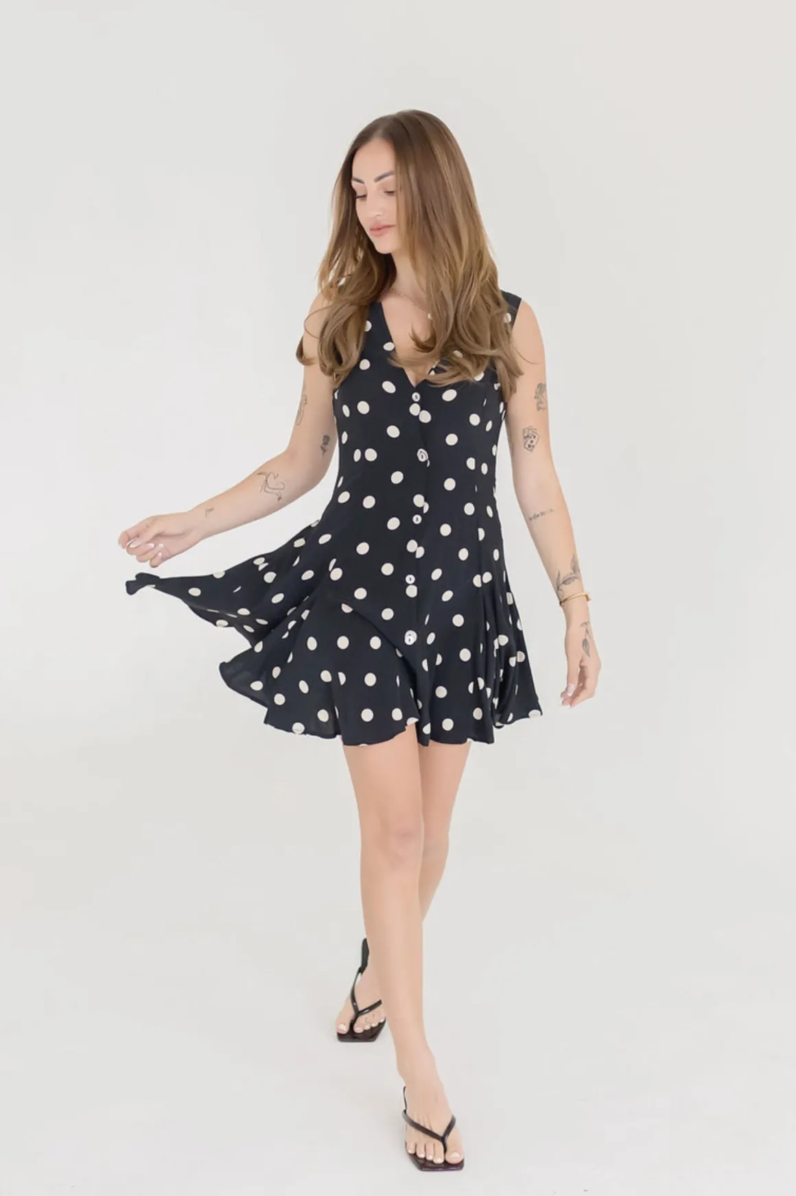 Athena Sleeveless Button Down Polka Dot Mini Dress Black