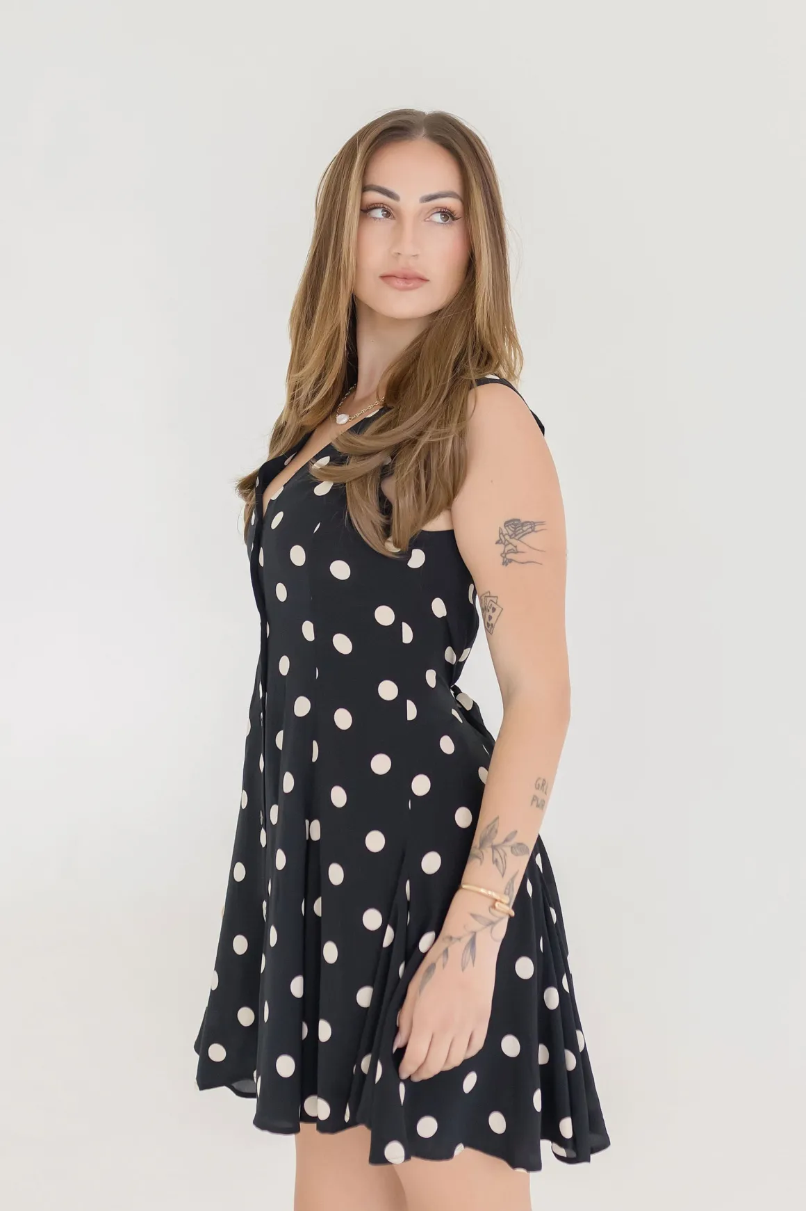 Athena Sleeveless Button Down Polka Dot Mini Dress Black