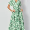 Becky Short Sleeve Button Down Leaf Print Maxi Dress Green