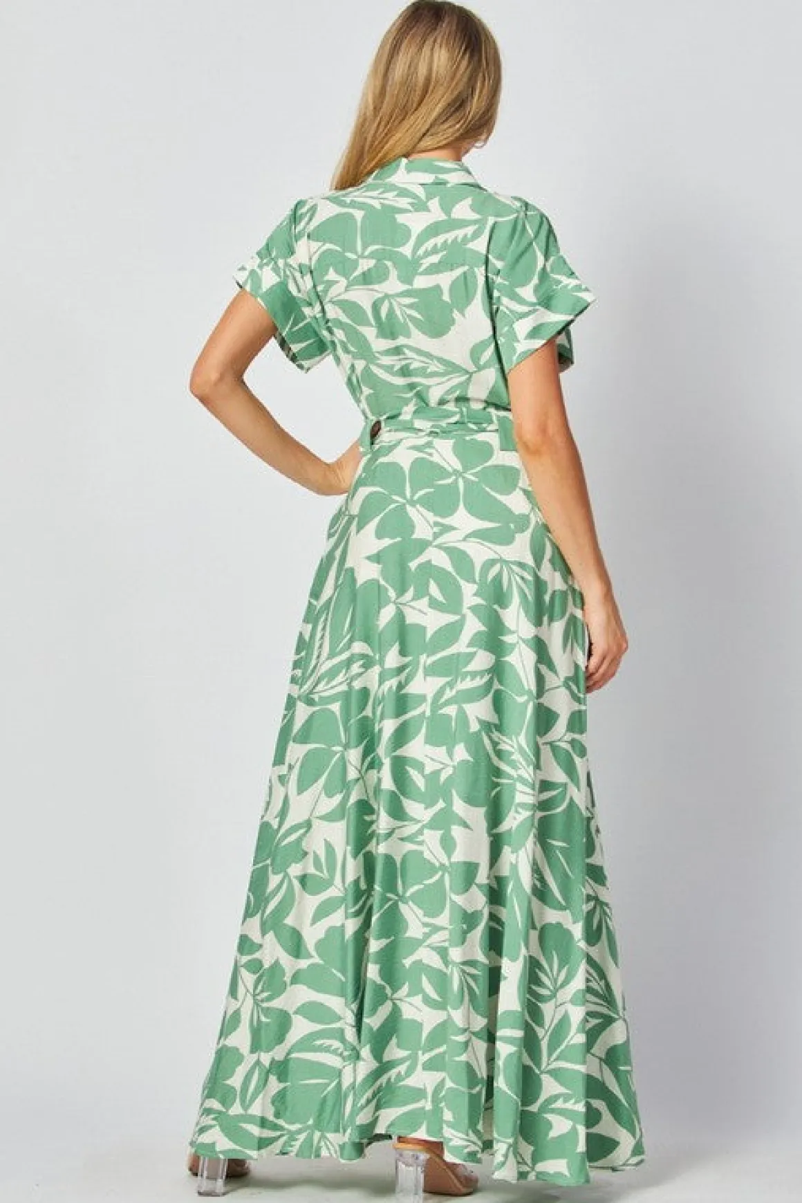 Becky Short Sleeve Button Down Leaf Print Maxi Dress Green