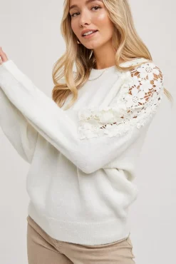 Beth Long Crochet Sleeve Sweater Top White
