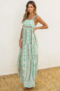 Bethany Sleeveless Abstract Print Maxi Dress Green