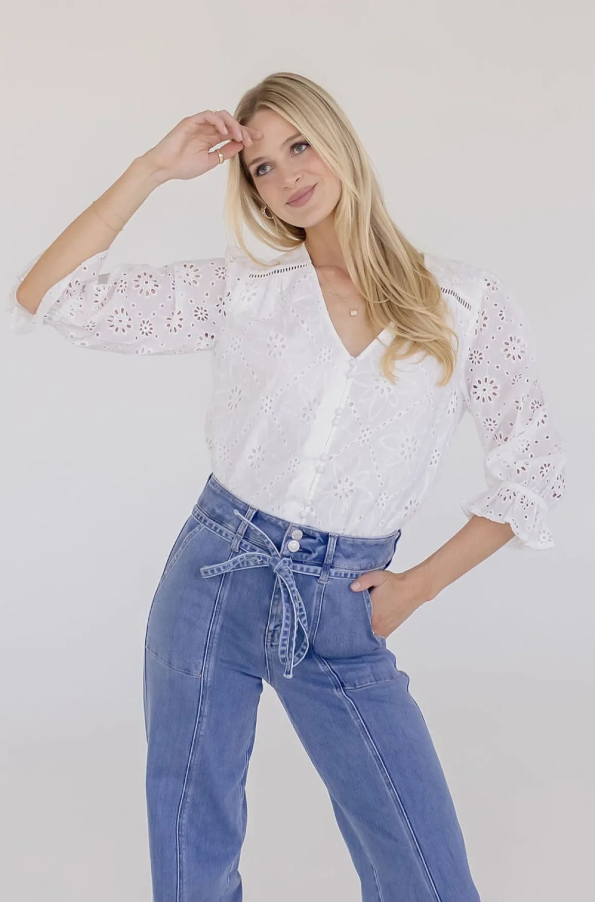 Billie 3/4 Puff Sleeve Button Down Eyelet Top White
