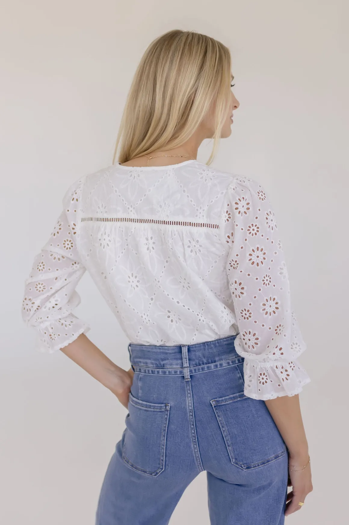 Billie 3/4 Puff Sleeve Button Down Eyelet Top White