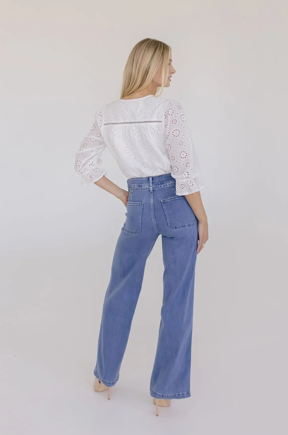 Billie 3/4 Puff Sleeve Button Down Eyelet Top White