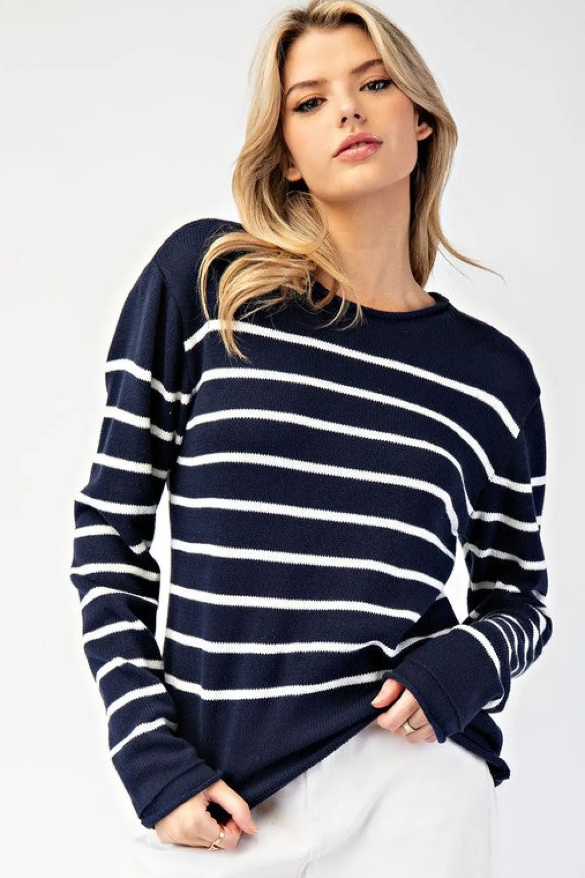 Blaire Long Sleeve Stripe Print Sweater Navy