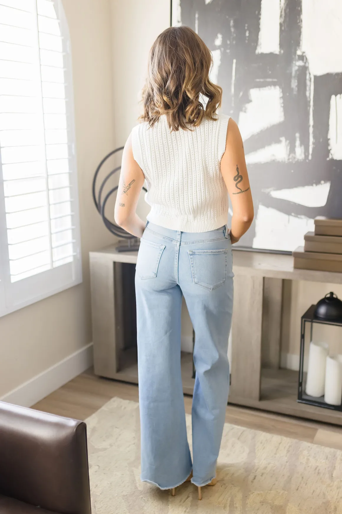 Bradley High Rise Raw Hem Wide Leg Jeans Light Wash