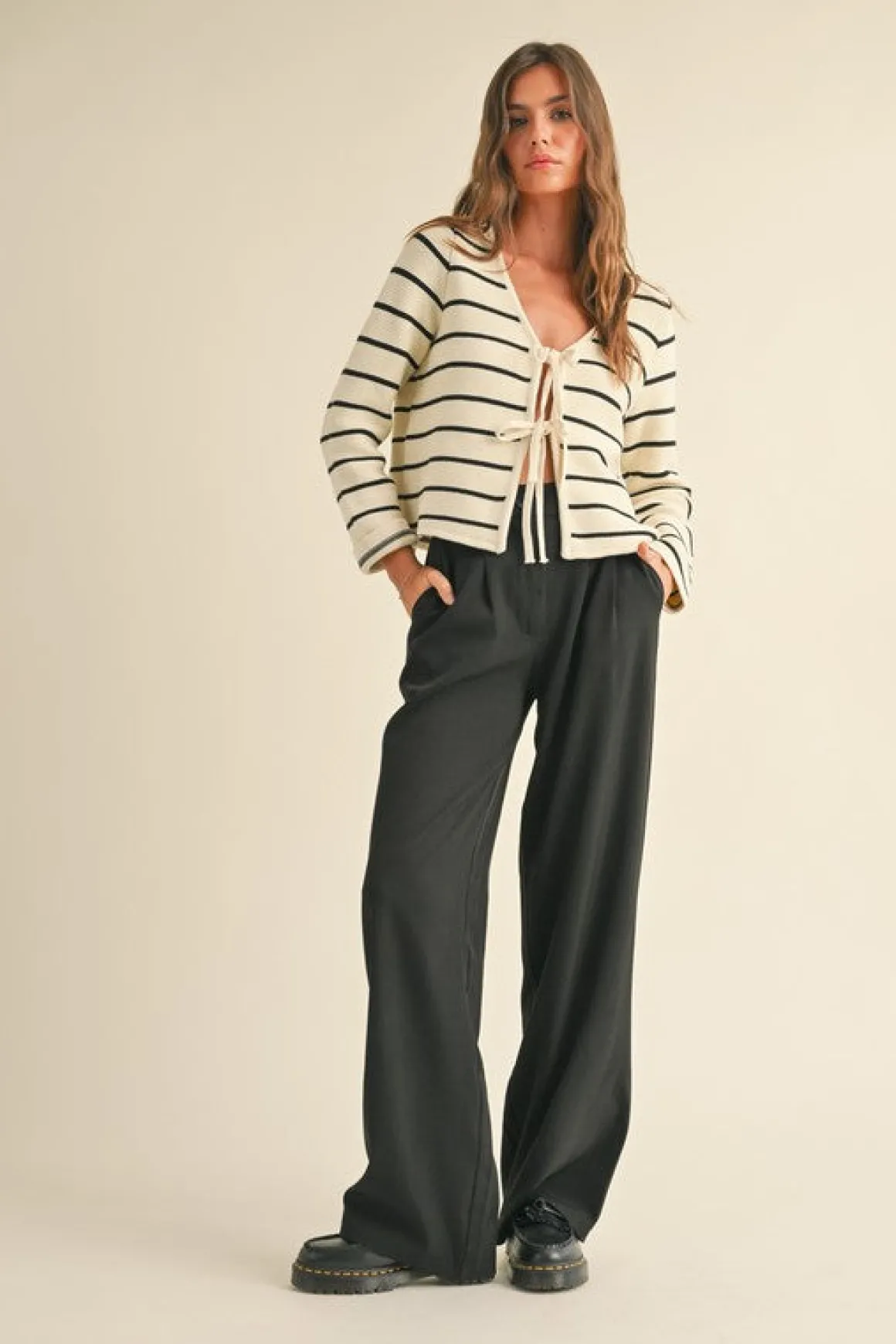 Brisa Long Sleeve Bow Tie Stripe Print Cardigan Sweater White