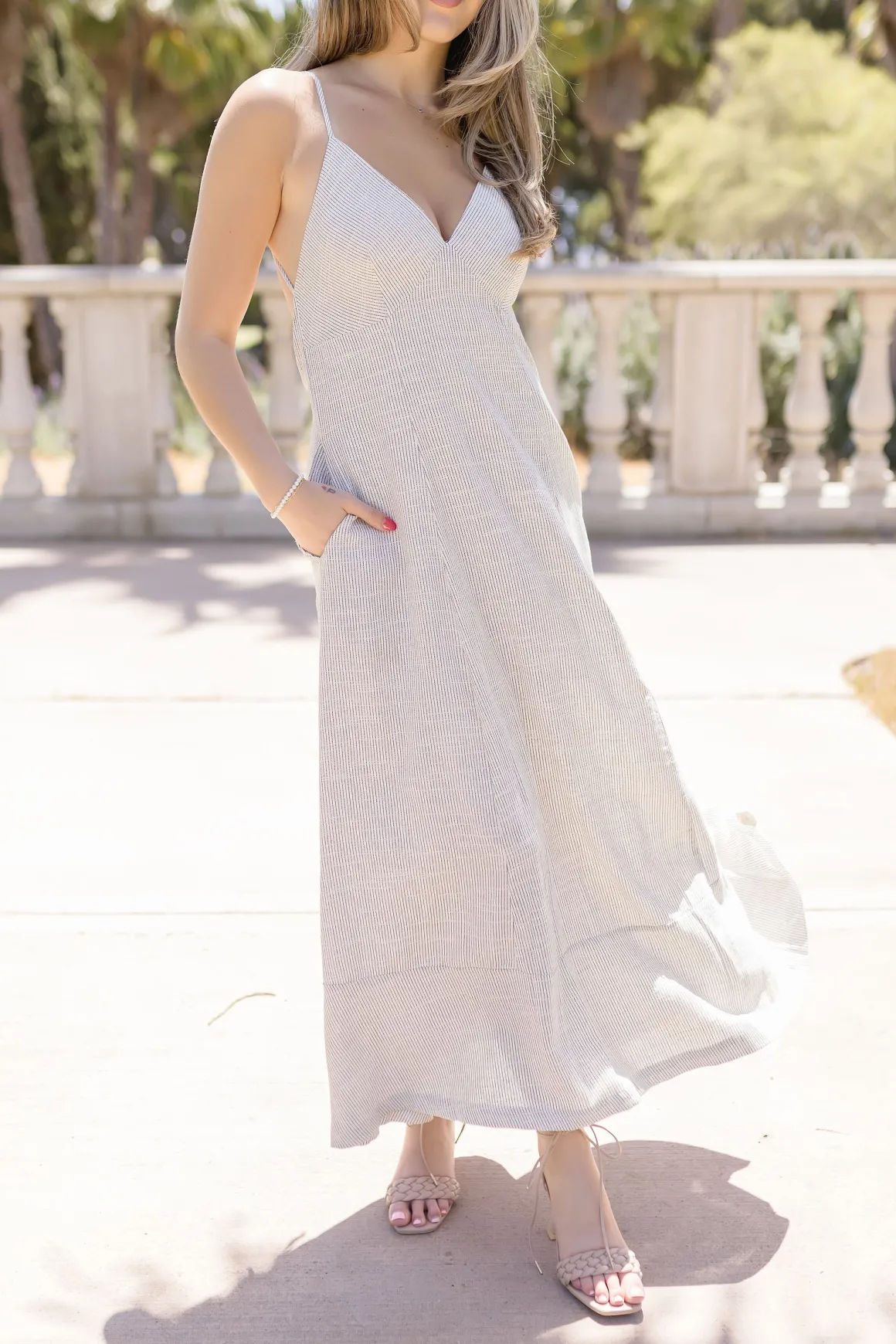Britton Sleeveless Open Back Stripe Linen Maxi Dress Grey