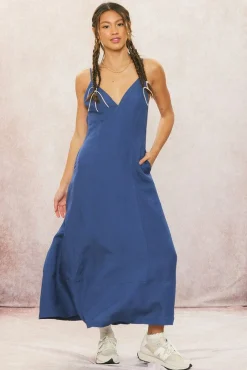 Britton Sleeveless Open Back Linen Maxi Dress Navy