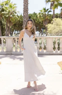 Britton Sleeveless Open Back Stripe Linen Maxi Dress Grey