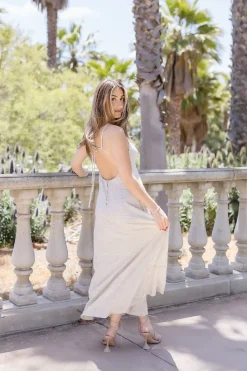 Britton Sleeveless Open Back Stripe Linen Maxi Dress Grey