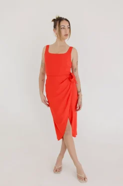 Brynn Sleeveless Tulip Hem Wrap Linen Midi Dress Red