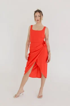 Brynn Sleeveless Tulip Hem Wrap Linen Midi Dress Red