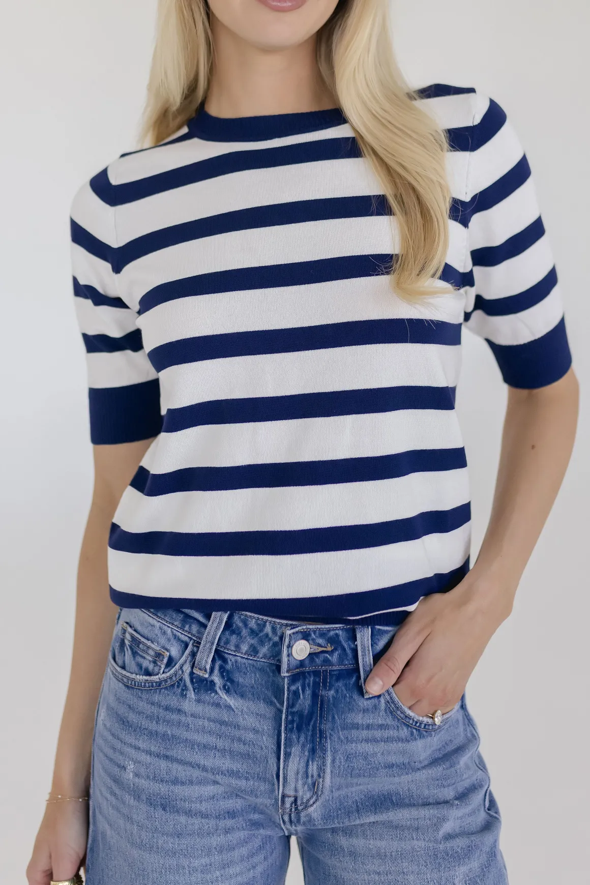 Cameron Short Sleeve Stripe Print Sweater Top Navy