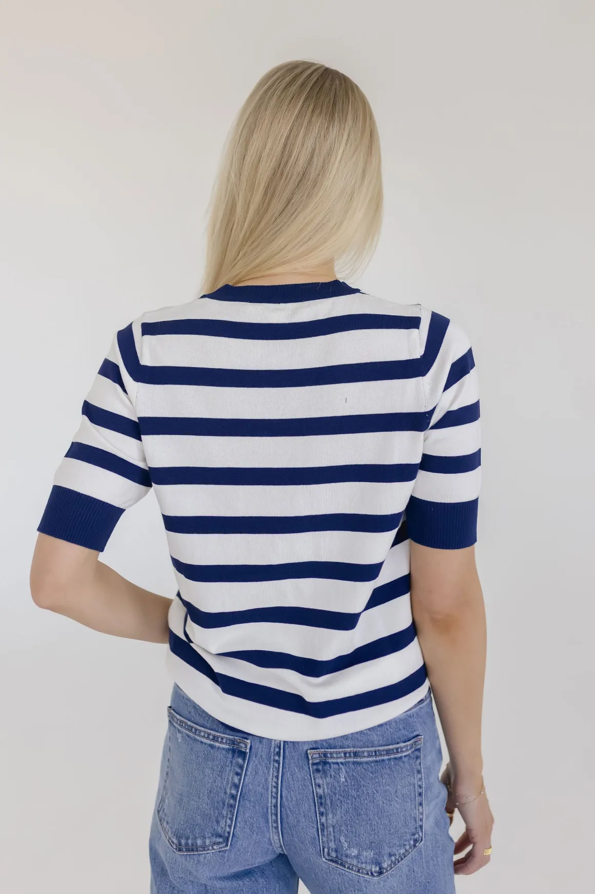 Cameron Short Sleeve Stripe Print Sweater Top Navy