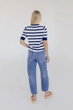 Cameron Short Sleeve Stripe Print Sweater Top Navy