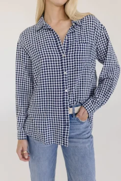 Camila Long Sleeve Button Down Gingham Print Top Navy