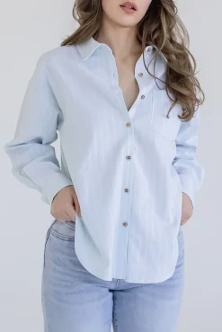 Candice Long Sleeve Oversized Button Down Stripe Print Top Blue