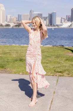 Carolina Short Sleeve Floral Print Shirred Maxi Dress Pink