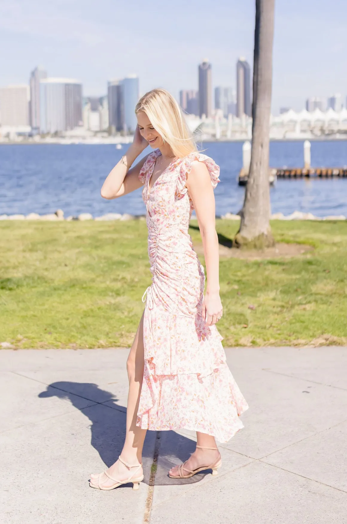 Carolina Short Sleeve Floral Print Shirred Maxi Dress Pink