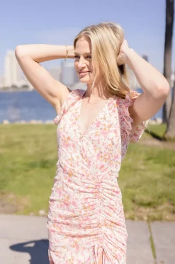 Carolina Short Sleeve Floral Print Shirred Maxi Dress Pink